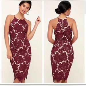 Lulus Temps De L'amour Maroon Lace Bodycon Midi Dress